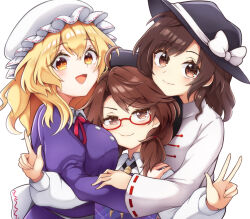 3girls blonde_hair bow brown_eyes brown_hair dress fedora girl_sandwich hat hat_bow hat_ribbon keyaki_chimaki long_sleeves maribel_hearn mob_cap multiple_girls open_mouth purple_dress ribbon ribbon-trimmed_skirt ribbon_trim sandwiched shirt short_hair skirt smile touhou usami_renko usami_sumireko white_bow white_shirt yellow_eyes