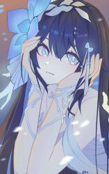 Rule 34 | 1girl, :|, absurdres, ai dongdong, bare shoulders, black hair, blue eyes, blue flower, blue hair, blush, closed mouth, collarbone, colored inner hair, dot nose, dress, expressionless, flower, glowing, hair between eyes, hair flower, hair ornament, hands on own cheeks, hands on own face, head rest, highres, honkai (series), honkai impact 3rd, leaning forward, long hair, looking at viewer, multicolored hair, seele vollerei, seele vollerei (herrscher of rebirth), signature, sleeveless, sleeveless dress, solo, straight hair, upper body, white dress
