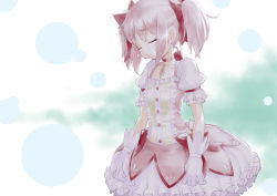 Rule 34 | 10s, 1girl, blush, brooch, bubble skirt, choker, closed eyes, crying, gloves, jewelry, kaname madoka, magical girl, mahou shoujo madoka magica, mahou shoujo madoka magica (anime), pink hair, rin2008, school uniform, skirt, solo, tears, twintails, white gloves