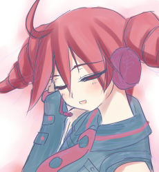 Rule 34 | 1girl, ahoge, bad id, closed eyes, detached sleeves, drill hair, hand on own ear, hand on own ear, headset, kasane teto, long hair, nakano itsuka, open mouth, red hair, sketch, smile, solo, twin drills, twintails, upper body, utau