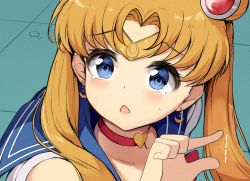 Rule 34 | 1girl, :o, artist name, bad id, bad pixiv id, bishoujo senshi sailor moon, blonde hair, blue eyes, blue sailor collar, blush, chintora0201, choker, circlet, collarbone, commentary request, crescent, crescent earrings, derivative work, earrings, fang, hair ornament, heart, heart choker, highres, jewelry, long hair, looking at viewer, meme, open mouth, parted bangs, red choker, sailor collar, sailor moon, sailor moon redraw challenge (meme), skin fang, solo, tearing up, twintails, upper body