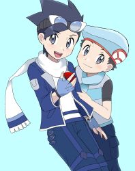 Rule 34 | 2boys, :d, alternate color, black hair, blue jacket, blue pants, commentary request, creatures (company), ethan (pokemon), ethan (sygna suit) (pokemon), fingerless gloves, game freak, gloves, goggles, goggles on head, grey eyes, grey gloves, hat, highres, holding, holding poke ball, jacket, lucas (pokemon), male focus, multiple boys, nintendo, official alternate costume, open clothes, open jacket, open mouth, pants, poke ball, poke ball (basic), pokemon, pokemon masters ex, sana (37pisana), scarf, short hair, smile, spiked hair, teeth, tongue, upper teeth only, white scarf