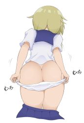Rule 34 | 1girl, 3norin, ass, blonde hair, blue skirt, butt crack, clothes pull, from behind, highres, ichii yui, motion lines, panties, panty pull, school uniform, serafuku, short sleeves, simple background, skirt, skirt pull, solo, thighs, underwear, white background, white panties, yuyushiki