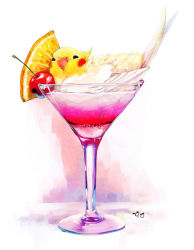 Rule 34 | absurdres, bird, cherry, cockatiel, cocktail, cocktail glass, cup, drinking glass, food, food focus, fruit, glass, highres, no humans, original, parrot, pun, simple background, solo, white background, yu (dryads)