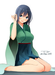 Rule 34 | 10s, 1girl, alternate hairstyle, bad id, bad pixiv id, blue eyes, blue hair, breasts, hair down, highres, japanese clothes, kantai collection, kimono, kimono skirt, large breasts, long sleeves, looking at viewer, matching hair/eyes, pov, seiza, short hair, sitting, smile, solo, souryuu (kancolle), tebi (tbd11), wide sleeves