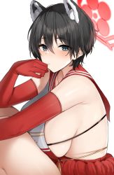 Rule 34 | 1girl, absurdres, animal ears, black hair, blue archive, blue eyes, breasts, elbow gloves, gloves, highres, large breasts, looking at viewer, no bra, pleated skirt, red gloves, red sailor collar, red skirt, sailor collar, shengtian, short hair, sideboob, sideless outfit, skirt, solo, tsubaki (blue archive), two-tone shirt, upper body