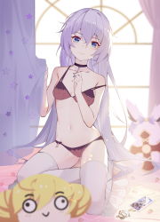 Rule 34 | 1girl, ai-chan (honkai impact), black choker, blue eyes, blurry, blurry background, blurry foreground, blush, breasts, cellphone, character doll, choker, commentary request, curtain grab, curtains, food print, hair between eyes, highres, honkai (series), honkai impact 3rd, hymxiaocyan, indoors, jewelry, charm (object), long hair, navel, necklace, off shoulder, phone, silver hair, sitting, small breasts, smartphone, smile, solo, star (symbol), star necklace, star print, strawberry print, theresa apocalypse, thighhighs, underwear, underwear only, very long hair, white thighhighs, window