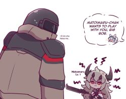 Rule 34 | 1boy, 2girls, :d, :t, ^ ^, anger vein, animal ears, arknights, big bob (arknights), brown jacket, chibi, closed eyes, closed mouth, english text, glaive (polearm), grani (arknights), grey hair, helm, helmet, holding, holding weapon, horns, jacket, kurotofu, long hair, long sleeves, matoimaru (arknights), multiple girls, open mouth, polearm, ponytail, pout, shaded face, simple background, smile, very long hair, visor (armor), wavy mouth, weapon, weapon request, white background, wide sleeves