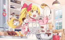 Rule 34 | 1girl, blonde hair, bow, cooking, doughnut, dress, fangs, food, frills, monogatari (series), oshino shinobu, pink dress, red bow, side ponytail