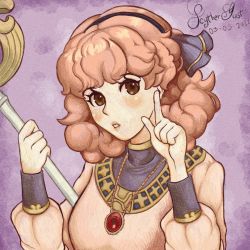 Rule 34 | 1girl, blush, fire emblem, fire emblem echoes: shadows of valentia, genny (fire emblem), hair ribbon, highres, jewelry, lips, looking at viewer, necklace, nintendo, orange hair, ribbon, solo, staff
