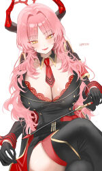 Rule 34 | 1girl, artist name, black footwear, black gloves, blue archive, blush, boots, breasts, cleavage, crossed legs, demon horns, detached collar, fangs, feet out of frame, gloves, haruri, highres, horns, large breasts, long hair, long sleeves, necktie, open mouth, pink hair, red horns, red necktie, satsuki (blue archive), signature, simple background, smile, solo, thigh boots, white background, yellow eyes