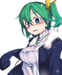 Rule 34 | 1girl, alternate costume, blue eyes, blush, breasts, daiyousei, furorina, green hair, hair between eyes, jewelry, looking at viewer, medium breasts, necklace, nose blush, open mouth, side ponytail, simple background, solo, touhou, wavy mouth, white background