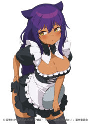 Rule 34 | 1girl, :o, adjusting clothes, apron, black bow, black thighhighs, blush, bow, braid, breasts, cleavage, dark-skinned female, dark skin, fang, female focus, hair flaps, highres, jahy, jahy-sama wa kujikenai!, large breasts, leaning forward, looking to the side, maid, maid apron, maid headdress, official art, plate, purple hair, rabbit ears, rabbit tail, red gem, simple background, smile, solo, square enix, standing, thighhighs, yellow eyes, zettai ryouiki