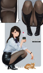 Rule 34 | 1girl, absurdres, animal, anson zheng, black footwear, black hair, black skirt, blue eyes, boots, bow, breasts, cat, cigarette, coffee, coffee cup, commentary request, cup, disposable cup, full body, high heel boots, high heels, highres, holding, lips, long hair, medium breasts, miniskirt, mole, mole under eye, multiple views, original, panties, panties under pantyhose, pantyhose, pantyshot, parted lips, shiny clothes, shirt, simple background, skirt, sleeves rolled up, smile, squatting, steam, underwear, watch, wristwatch