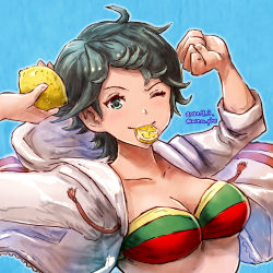 Rule 34 | 1girl, absurdres, bikini, black hair, blue background, blue eyes, dated, food, fruit, highres, hood, hooded jacket, hoodie, jacket, kantai collection, lemon, lemon slice, looking at viewer, mitsu plus, mogami (kancolle), mouth hold, multicolored bikini, multicolored clothes, one-hour drawing challenge, one eye closed, short hair, smile, solo, swept bangs, swimsuit, twitter username, upper body, white jacket
