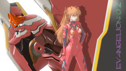 Rule 34 | 1girl, artist request, blue eyes, bodysuit, breasts, brown hair, eva 02, evangelion: 2.0 you can (not) advance, hair ornament, hairpods, interface headset, long hair, looking at viewer, mecha, neon genesis evangelion, open mouth, plugsuit, rebuild of evangelion, red bodysuit, robot, shiny clothes, skin tight, souryuu asuka langley, tsundere, wide hips