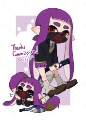 Rule 34 | 1girl, border, chibi, chibi inset, closed eyes, commentary request, commission, coula cat, highres, holding, holding weapon, inkbrush (splatoon), inkling, inkling girl, inkling player character, long hair, lying, mask, mouth mask, multiple views, nintendo, on stomach, outside border, print mask, purple background, purple hair, red eyes, splatoon (series), splatoon 3, tentacle hair, thank you, thick eyebrows, weapon, white border