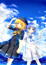 Rule 34 | 2girls, adapted costume, angel wings, bad id, bad pixiv id, black dress, black headwear, blonde hair, blue eyes, blue hair, blue ribbon, blue skirt, bow, chisen maimai, cloud, cloudy sky, commentary request, day, dress, feathered wings, hair bow, highres, holding hands, mai (touhou), multiple girls, outdoors, ribbon, sailor collar, short sleeves, skirt, sky, touhou, touhou (pc-98), white dress, white wings, wings, yellow eyes, yellow ribbon, yuki (touhou)
