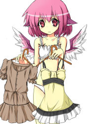 Rule 34 | 1girl, animal ears, bad id, bad pixiv id, bare shoulders, blush, bra, clothes hanger, dress, dressing, female focus, flat chest, frown, lingerie, mystia lorelei, panties, pink eyes, pink hair, short hair, solo, touhou, underwear, underwear only, urimono, wings