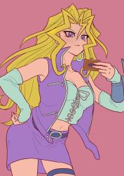 Rule 34 | 1girl, absurdres, arched back, belt, belt skirt, black belt, blonde hair, bow, breasts, card, cleavage, corset, crop top, detached sleeves, duel disk, earrings, flat color, hand on own hip, highres, holding, holding card, hoop earrings, jacket, jewelry, kujaku mai, leaning forward, lipstick, long hair, looking at viewer, makeup, medium breasts, navel, open clothes, open jacket, pink background, pink lips, purple eyes, purple jacket, purple skirt, simple background, skirt, sleeveless, sleeveless jacket, smile, solo, standing, thigh strap, trading card, white bow, white corset, youko-shima, yu-gi-oh!, yu-gi-oh! duel monsters