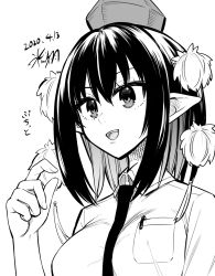 Rule 34 | 1girl, breast pocket, breasts, dated, greyscale, hat, highres, hikawa shou, medium breasts, monochrome, necktie, open mouth, pocket, pom pom (clothes), shameimaru aya, signature, smile, solo, tokin hat, touhou, translation request, upper body