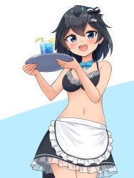 Rule 34 | 1girl, :d, alternate costume, apron, bare arms, bare shoulders, bikini, bikini top only, black bikini, black eyes, black hair, black skirt, blue ribbon, blush, breasts, commentary, cowboy shot, cup, drink, drinking glass, drinking straw, frilled apron, frills, hair between eyes, hair ribbon, head wings, highres, ice, ice cube, kemono friends, looking at viewer, medium breasts, medium hair, midriff, navel, neck ribbon, open mouth, ribbon, shiraha maru, simple background, skirt, smile, solo, superb bird-of-paradise (kemono friends), swimsuit, tray, waist apron, wings