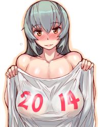 Rule 34 | 10s, 1girl, 2014, blush, breasts, clothes lift, hyougintou, large breasts, lips, long hair, looking at viewer, original, rozen maiden, shirt, shirt lift, silver hair, simple background, smile, solo, t-shirt, tsuda nanafushi, white background, yellow eyes