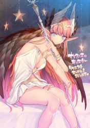 Rule 34 | 1girl, armlet, blue eyes, bracelet, circe (fate), circlet, fate/grand order, fate (series), feathered wings, hair between eyes, head wings, holding, holding staff, jewelry, koikawa minoru, looking at viewer, pink hair, pointy ears, short hair, solo, staff, symbol-shaped pupils, wings