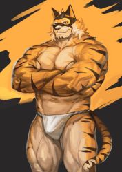 Rule 34 | 1boy, abs, absurdres, alternate costume, animal ears, bara, beige fur, bodysuit, bulge, crossed arms, facial hair, feet out of frame, fundoshi, furry, furry male, goatee, highres, japanese clothes, large pectorals, live a hero, male focus, male underwear, mask, mature male, muscular, muscular male, navel, no pants, orange bodysuit, orange fur, pectorals, ryekie (live a hero), short hair, smile, solo, spikes, stomach, tail, thick thighs, thighs, tiger boy, tiger ears, tiger tail, traver009, two-tone fur, underwear, underwear only, white male underwear