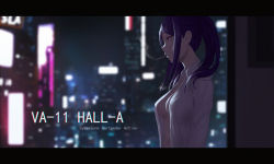 Rule 34 | 1girl, blurry, blurry background, breasts, building, cigarette, city, cleavage, closed mouth, collared shirt, copyright name, depth of field, english text, from side, highres, jill stingray, letterboxed, long hair, medium breasts, mixed-language commentary, mouth hold, naked shirt, navel, night, no bra, open clothes, open shirt, pink eyes, purple hair, selcky, shirt, sidelocks, smoke, smoking, solo, twintails, upper body, va-11 hall-a, white shirt
