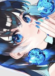 Rule 34 | 1girl, black hair, blue eyes, blue gemstone, blue hair, blue nails, close-up, colored inner hair, eye focus, fingers together, gem, hair between eyes, light rays, looking at viewer, mizumi zumi, multicolored hair, nail polish, original, painted, refraction, sideways, simple background, solo