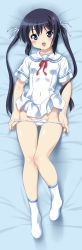 Rule 34 | 1girl, :d, bed sheet, black hair, blue eyes, blush, breasts, clothes lift, dakimakura (medium), dress, dress lift, from above, full body, hair ribbon, highres, kuuchuu yousai, long hair, looking at viewer, lying, no shoes, on back, open mouth, panties, panty pull, ribbon, school uniform, small breasts, smile, socks, solo, twintails, underwear, undressing, white panties