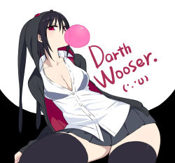 Rule 34 | 1girl, black hair, black thighhighs, breasts, blowing bubbles, chan co, character name, chewing gum, cleavage, darth wooser, hip focus, hood, hooded jacket, hoodie, jacket, large breasts, looking at viewer, narrow waist, open clothes, open shirt, original, pleated skirt, red eyes, shirt, sitting, skirt, solo, thighhighs