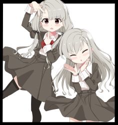 Rule 34 | 2girls, arm up, bad id, bad twitter id, black border, black jacket, black legwear, black ribbon, black skirt, blouse, border, bow, braid, braided bangs, brown eyes, closed eyes, collared shirt, commentary request, dress shirt, facing viewer, grey background, grey hair, hair ribbon, highres, hisakawa hayate, hisakawa nagi, idolmaster, idolmaster cinderella girls, idolmaster cinderella girls starlight stage, jacket, juliet sleeves, long hair, long sleeves, looking at viewer, low twintails, multiple girls, outside border, parted lips, pleated skirt, puffy sleeves, red bow, ribbon, shirt, shiwa (siwaa0419), siblings, simple background, sisters, skirt, thighhighs, tongue, tongue out, twins, twintails, v-shaped eyebrows, very long hair, w, white shirt
