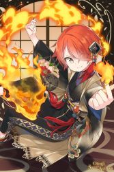 Rule 34 | 1boy, androgynous, closed mouth, fire, hair ornament, kiya machi, loki (otogi:spirit agents), long sleeves, looking at viewer, male focus, official art, otogi:spirit agents, red hair, robe, second-party source, short hair, smile, solo, yellow eyes