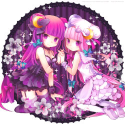 Rule 34 | 2girls, bare shoulders, black corset, blunt bangs, bow, corset, crescent, crescent hair ornament, crescent hat ornament, garter straps, hair bow, hair ornament, hat ornament, holding hands, kneeling, long hair, multiple girls, multiple hair bows, multiple persona, n:go, nail polish, open mouth, patchouli knowledge, purple eyes, purple hair, smile, striped clothes, striped thighhighs, thighhighs, touhou, very long hair
