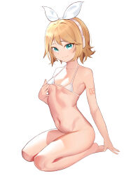 Rule 34 | 1girl, absurdres, aqua eyes, bad anatomy, bikini, blonde hair, bottomless, bow, bow hairband, breasts, chinese commentary, collarbone, commentary, dowal, green eyes, hair bow, hair ornament, hairband, hairclip, hand on own chest, headphones, highres, kagamine rin, looking at viewer, micro bikini, navel, no panties, removing bra, seiza, short hair, shoulder tattoo, sitting, small breasts, solo, swimsuit, tattoo, vocaloid, white background, white bow