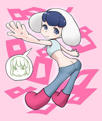 Rule 34 | 00s, 1girl, ass, back, blue eyes, blue hair, blush, boots, butt crack, chroniko, crop top, hat, jewelry, kaiba, kaiba (character), leaning forward, looking back, necklace, outstretched arms, pants, pink footwear, sanae (satansanae), smile, spread arms