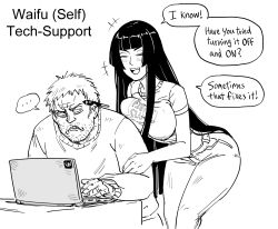 Rule 34 | +++, ..., 1boy, 1girl, :d, absurdres, bb (baalbuddy), beard, breast press, breasts, commentary, computer, denim, english commentary, english text, facial hair, frown, greyscale, highres, hime cut wife (baalbuddy), jeans, laptop, large breasts, monochrome, open mouth, original, pants, pencil behind ear, shirt, short hair, short sleeves, simple background, smile, spoken ellipsis, white background