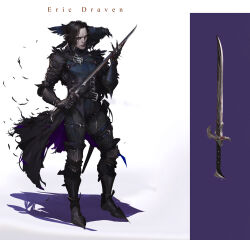 Rule 34 | 1boy, alternate universe, armor, bird, black hair, boots, character name, commentary, crow, english commentary, eric draven, facepaint, fantasy, feathers, gloves, highres, inspecting, knight, looking at viewer, medieval, pet, realistic, redesign, songjie, sword, the crow (comic), the crow (film), warrior, weapon
