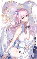 Rule 34 | 1girl, absurdres, bare shoulders, blue archive, blush, breasts, buttons, double-breasted, dress, feathered wings, flower, hair bun, hair flower, hair ornament, hair scrunchie, halo, highres, houkisei, large breasts, long hair, looking at viewer, low wings, mika (blue archive), pantyhose, pink hair, rose, scrunchie, sidelocks, single side bun, smile, solo, thighs, torn clothes, torn pantyhose, white dress, white pantyhose, wings, wrist scrunchie, yellow eyes