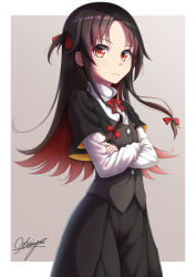 Rule 34 | 10s, 1girl, absurdres, black jacket, black skirt, bow, bowtie, brown background, brown eyes, brown hair, brown vest, closed mouth, commentary request, crossed arms, hair bow, highres, jacket, layered sleeves, long hair, long sleeves, looking at viewer, multicolored hair, ochiai miyabi, one side up, pleated skirt, red bow, red bowtie, red hair, ryuuou no oshigoto!, shirt, short over long sleeves, short sleeves, sidelocks, signature, skirt, solo, two-tone background, two-tone hair, vest, white background, white shirt, yashajin ai
