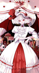 Rule 34 | 1girl, adapted costume, ascot, bat wings, brooch, cake, character name, closed mouth, dress, expressionless, flower, food, glint, hat, hat flower, highres, indoors, jewelry, juliet sleeves, lips, long sleeves, looking at viewer, petals, puffy sleeves, red eyes, red flower, red nails, red rose, remilia scarlet, ringocha, rose, rose petals, short hair, skull, sleeves past elbows, touhou, white hair, wings