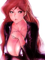 Rule 34 | 1girl, bodysuit, breasts, brown hair, cleavage, covered erect nipples, eyelashes, fumio (rsqkr), huge breasts, lips, long hair, lupin iii, mine fujiko, no bra, red hair, shiny clothes, sketch, skin tight, solo, tms entertainment