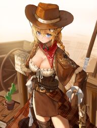 Rule 34 | 1girl, absurdres, bandana, bandana around neck, bandolier, blonde hair, blue eyes, braid, breasts, brown gloves, brown skirt, bubba (watson amelia), capelet, cleavage, cowboy hat, cowgirl (western), frilled shirt, frills, gloves, hat, highres, hololive, hololive english, kaze 22, large breasts, long hair, long sleeves, looking at viewer, mole, mole on breast, red bandana, shirt, skirt, solo, twin braids, twintails, v-shaped eyebrows, virtual youtuber, wanted, watson amelia