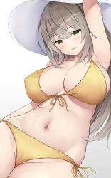 Rule 34 | 1girl, bare shoulders, bikini, blue archive, blush, breasts, cleavage, collarbone, green eyes, hat, highres, large breasts, light brown hair, long hair, looking at viewer, mizunashi kenichi, navel, nonomi (blue archive), nonomi (swimsuit) (blue archive), smile, solo, sun hat, swimsuit, thighs, white hat, yellow bikini