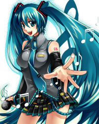 Rule 34 | 1girl, aqua eyes, aqua hair, bad id, bad pixiv id, detached sleeves, esythqua, foreshortening, hatsune miku, long hair, looking at viewer, microphone, musical note, necktie, open mouth, outstretched hand, qua, skirt, smile, solo, twintails, very long hair, vocaloid