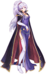 Rule 34 | 1girl, bad id, bad pixiv id, blue eyes, cape, dress, elbow gloves, fire emblem, fire emblem: genealogy of the holy war, full body, gloves, high heels, ishtar (fire emblem), long hair, looking at viewer, nemupon (goodlucky), nintendo, ponytail, simple background, solo, thighhighs, white background