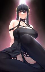Rule 34 | 1girl, bad id, bad twitter id, bare shoulders, black dress, black hair, black thighhighs, breasts, cleavage, dagger, dress, flower, from below, gold hairband, hair flower, hair ornament, hairband, highres, holding, holding dagger, holding knife, holding weapon, knife, large breasts, looking at viewer, maskwolf, red eyes, rose, sidelocks, sitting, spy x family, thighhighs, thighs, weapon, yor briar