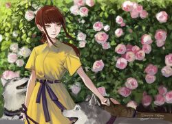 Rule 34 | 1girl, bow, bush, chainsaw man, dress, flower, highres, holding, holding leash, husky, kamo (kamonegioisi), leash, long hair, looking to the side, makima (chainsaw man), pink flower, ponytail, red hair, ringed eyes, sidelocks, smile, twitter username, waist bow, yellow dress, yellow eyes